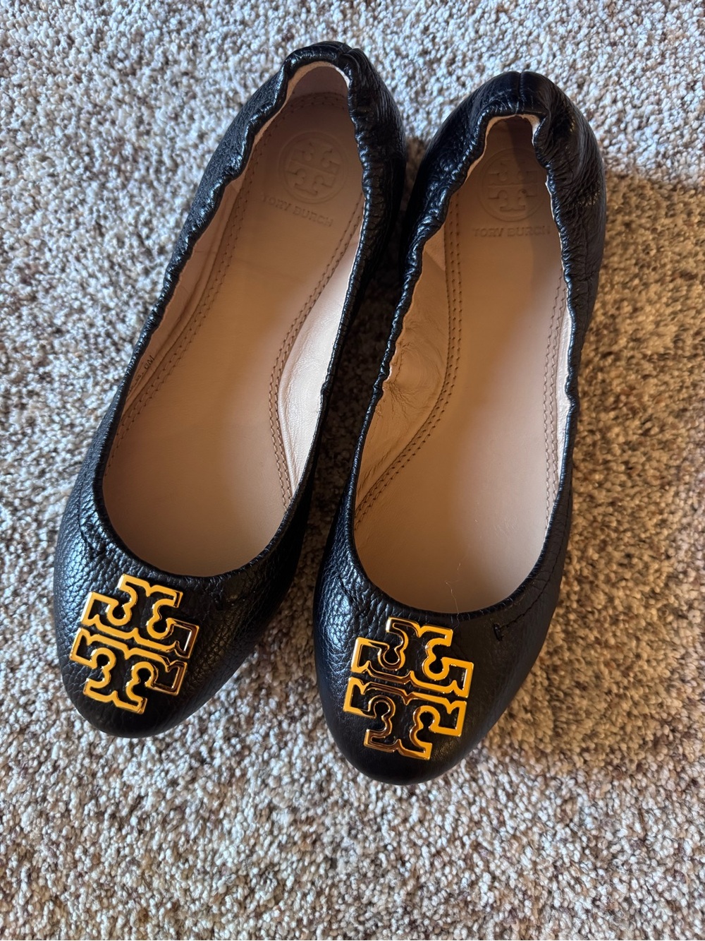Tory Burch Black Leather Ballet Flats with Gold Logo Medallion